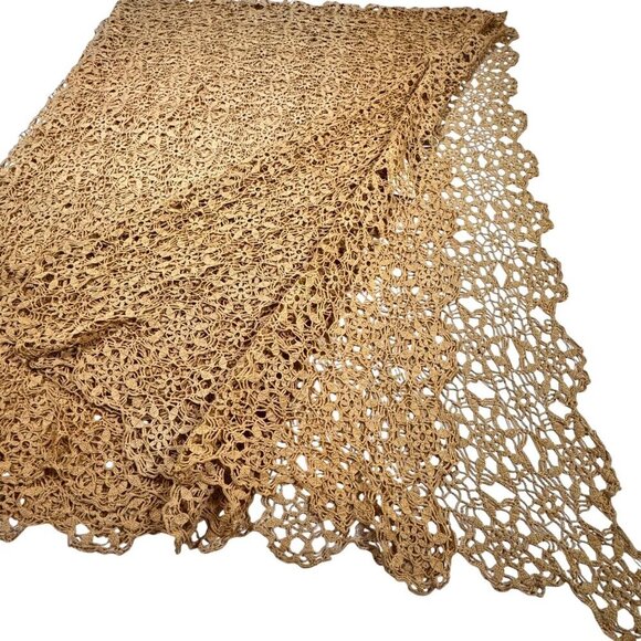 Vintage Handmade Intricate Lace Crocheted Tablecloth 60”x72” Tan Scalloped - Picture 3 of 11
